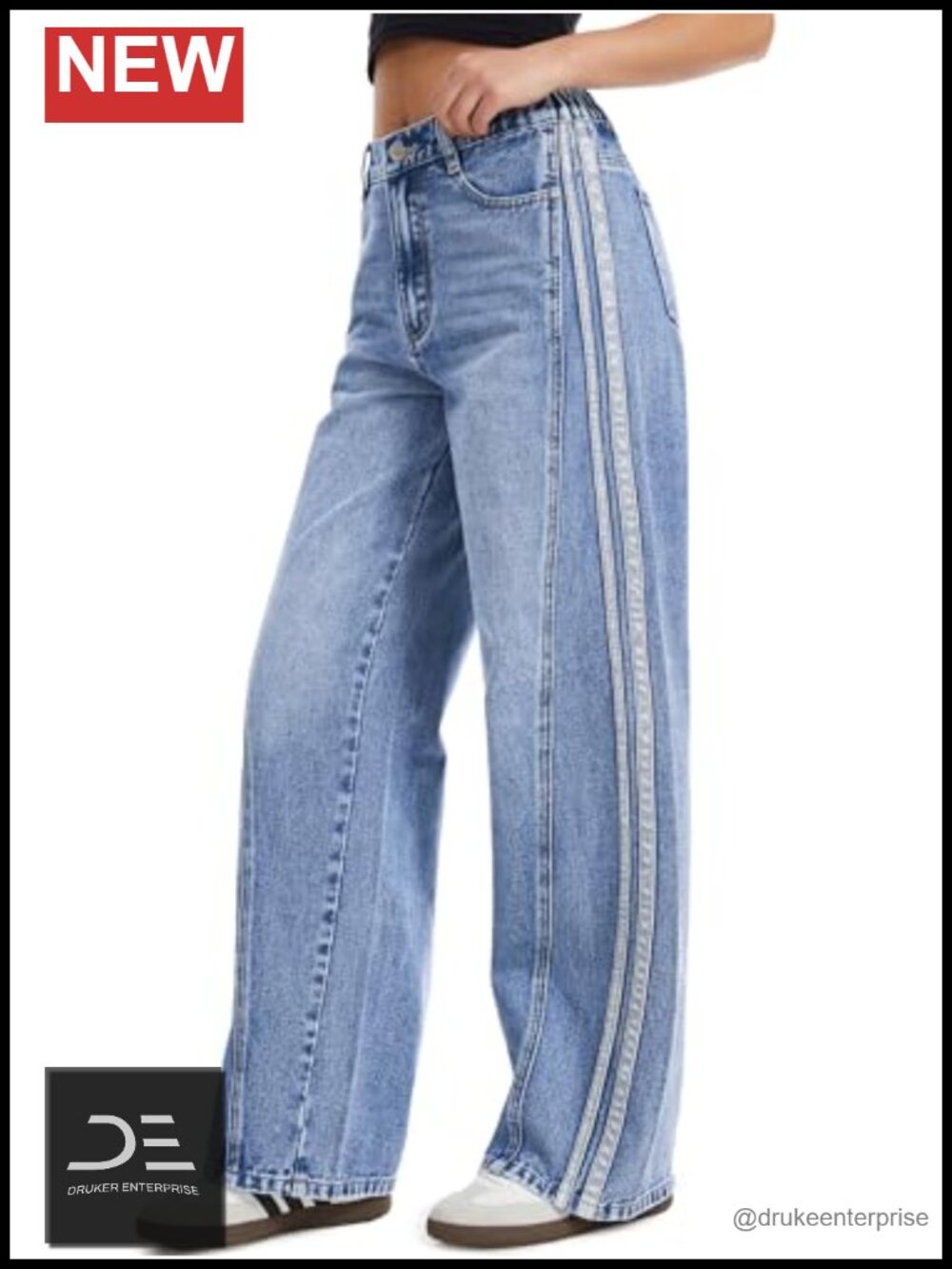 Women's Wide Leg Jeans Mid-Rise Elastic Waist Side Stripe Denim Pants